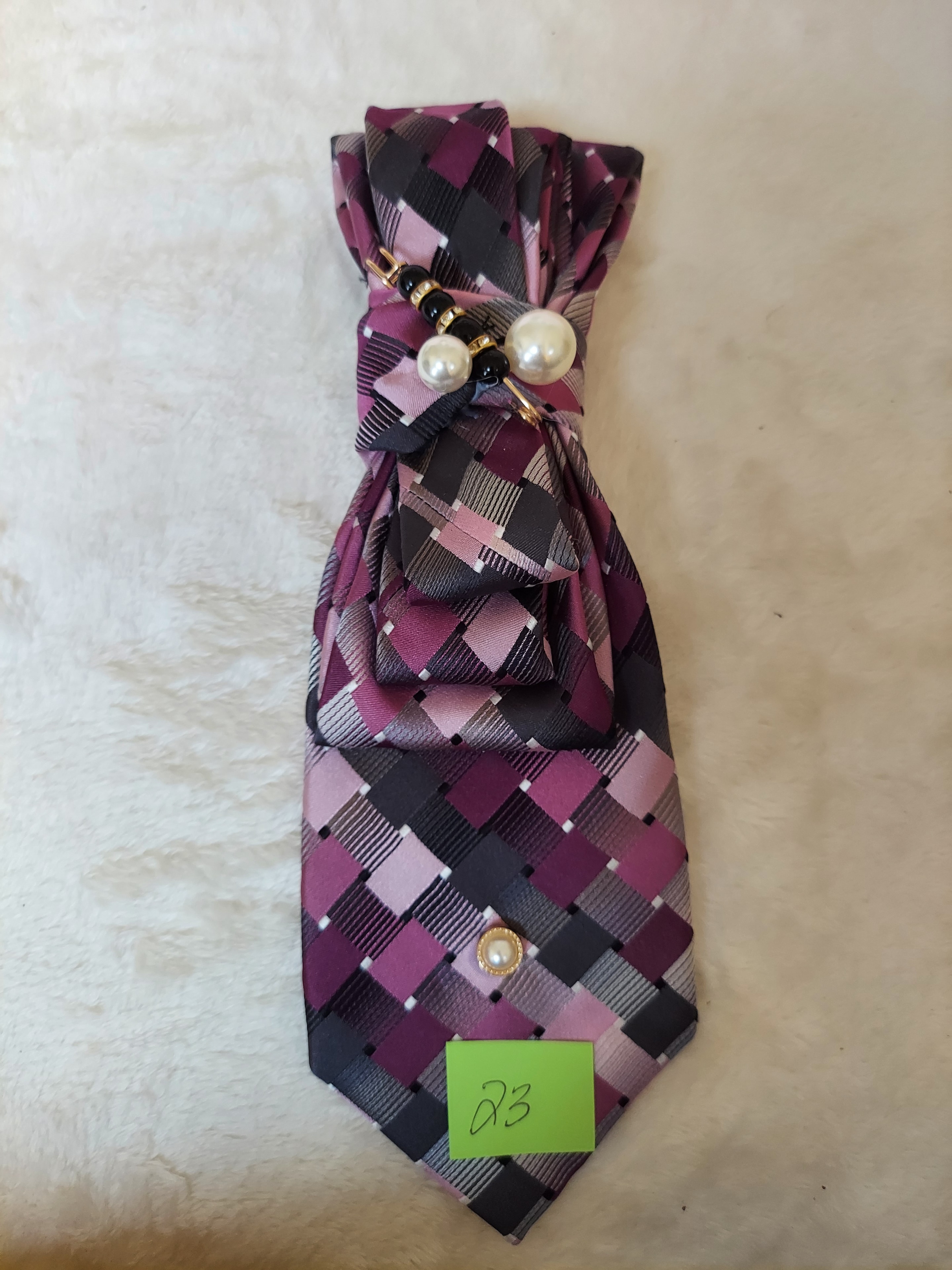 Burgundy argyle pattern tie with pearl embellishments